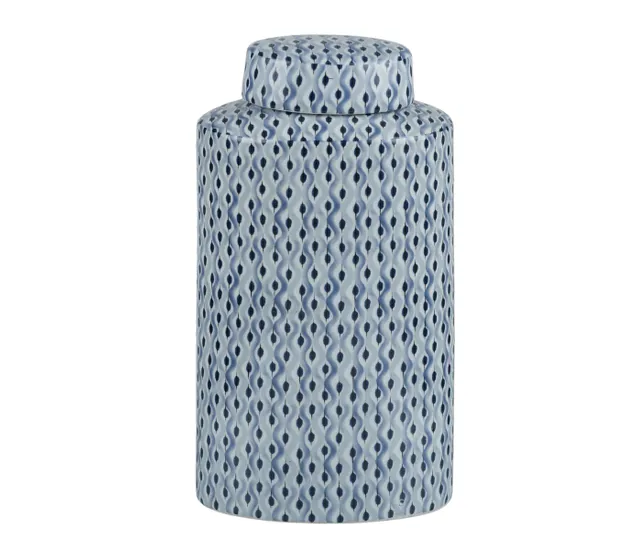 Two-tone blue patterned ceramic jar with lid, 24cm decorative homeware.