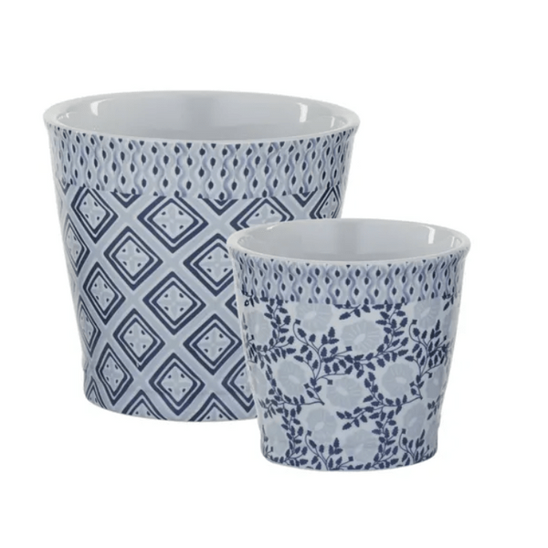 Aarna Ceramic Pot Blue featuring intricate two-tone blue patterns and a decorative ceramic finish, ideal for indoor plants and Hamptons-inspired interiors.
