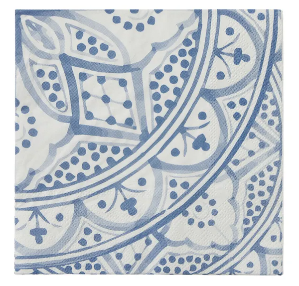 Blue and white patterned Aleah 3-ply napkin 33cm, pack of 20, featuring an elegant mandala design for table settings.