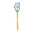 Blue silicone spatula with wooden handle and decorative floral motif, 31cm.