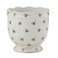 Apiary Ceramic Pot 15cm featuring a white ceramic finish with delicate soft gold bee motifs and a decorative scalloped rim.