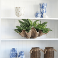 Apiary Ceramic Pot styled on white shelving alongside blue and white porcelain décor, woven baskets and coastal-inspired accessories.