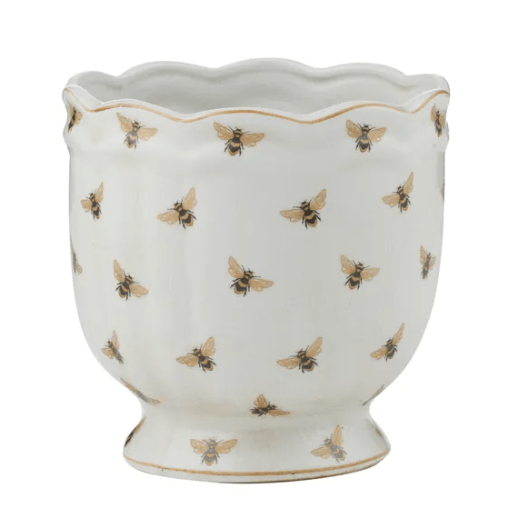 Apiary Ceramic Pot 15cm featuring a white ceramic finish with delicate soft gold bee motifs and a decorative scalloped rim.
