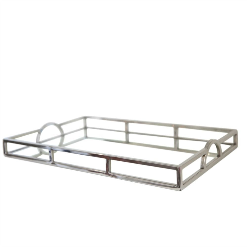 Small arch handle tray with mirrored base and polished chrome frame, shown on a white background