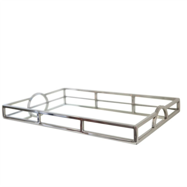 Small arch handle tray with mirrored base and polished chrome frame, shown on a white background
