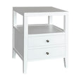 Arden White Side Table showcasing practical storage solutions with open shelf and classic brass hardware.