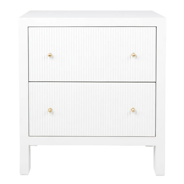 Ariana large white bedside table with fluted drawers and gold handles