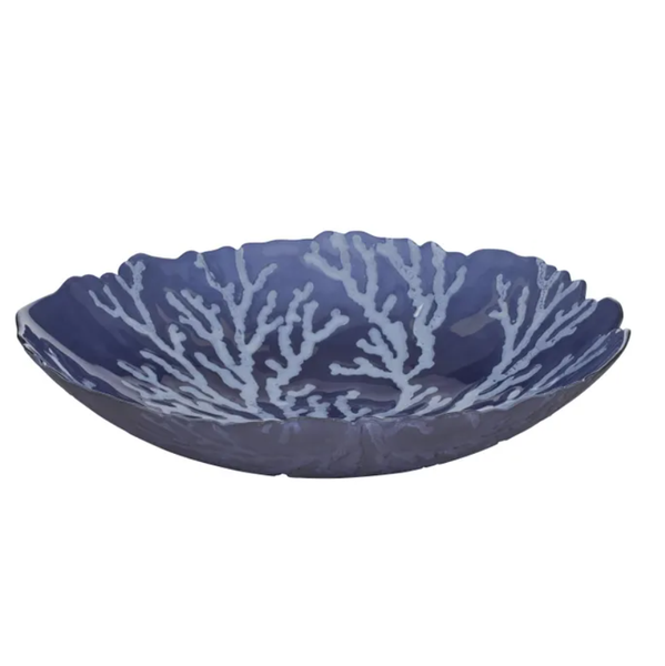 Large navy and white glass bowl with coral-inspired pattern