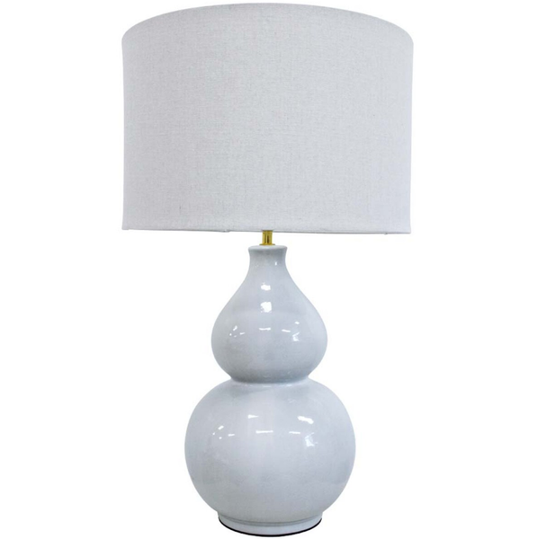 Aura Seafoam Lamp with double-gourd ceramic base in soft seafoam and natural linen shade, coastal-inspired table lamp.