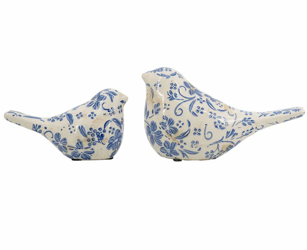 Aviana blue and white ceramic bird ornament set of two with floral detailing
