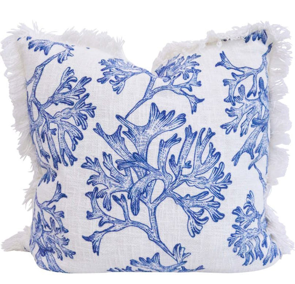 Azure Coral Cushion with blue hand-drawn coral design on white cotton fabric and fringed edges, 50x50cm.