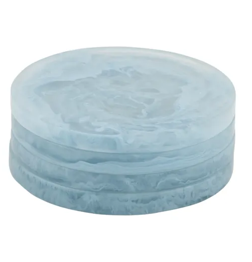 Set of 4 round resin coasters in marbled sky-blue design, 10cm diameter.