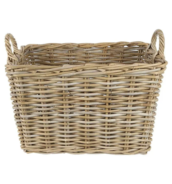 Natural grey Kubu rattan Bakant Basket with handles, ideal for stylish home storage and coastal-inspired interiors.