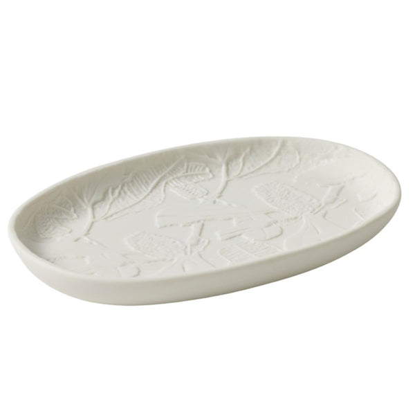 White porcelain Banksia trinket dish with embossed native floral design, oval shape