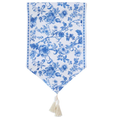 Blue and white floral Bayview Bloom table runner with tassel detail