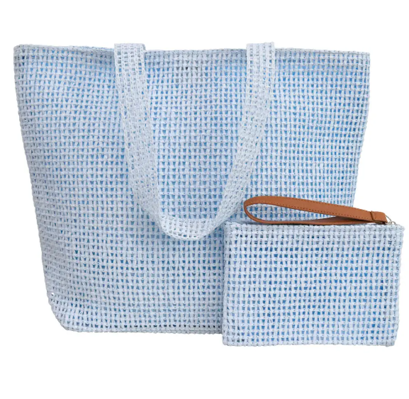 Sky blue woven beach bag set with matching zip purse and tan wrist strap, made from durable paper and polyester.