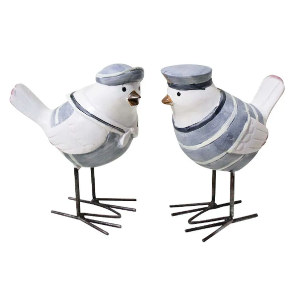 Set of two coastal beach bird figurines in blue, grey and white with iron legs