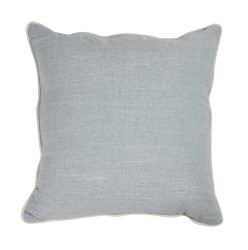Beach blue square cushion with soft fabric texture and piped edging, styled on a white background.