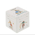 Beatrix Potter Peter Rabbit ceramic baby money bank with milestone details, perfect for new baby or christening gift