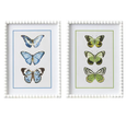 Bellamy Frame Glass Print featuring a trio of illustrated butterflies in a white bobbin-style timber frame with a glass front. Available in green or blue with a matching mat board for a refined coastal look.