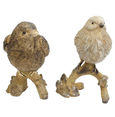 Set of two resin bird ornaments perched on branches in natural tones.