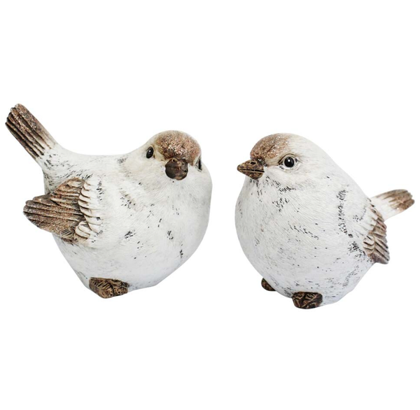 Set of two resin bird figurines in soft white and brown tones with textured feather detailing, decorative home accents.