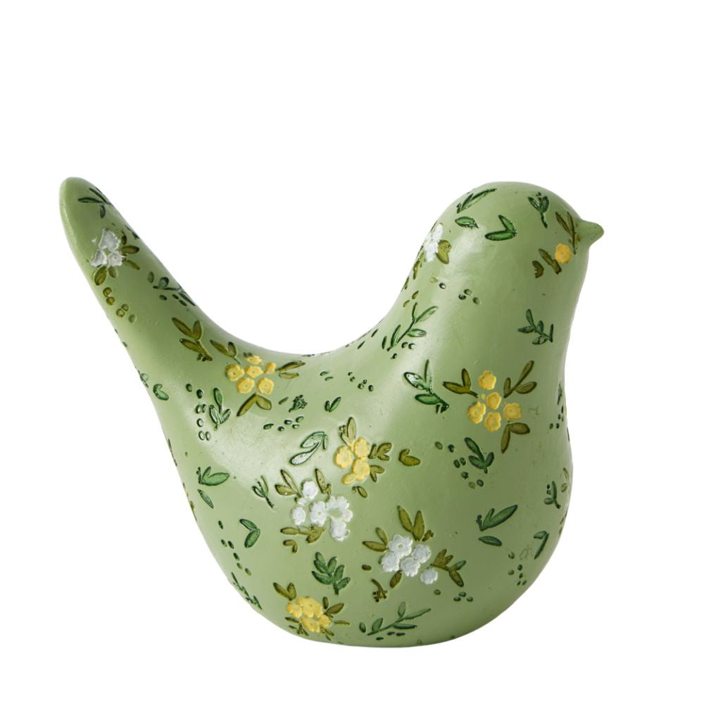 Small decorative Blooming Bird Sculpture in green resin, featuring hand-painted yellow and white flowers with delicate leafy detailing.