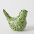 Small decorative Blooming Bird Sculpture in green resin, featuring hand-painted yellow and white flowers with delicate leafy detailing.