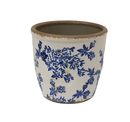 Large blue and white floral stoneware herb pot with vintage-style rim on white background