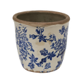 small blue and white floral stoneware herb pot with vintage-style rim on white background