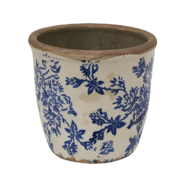 small blue and white floral stoneware herb pot with vintage-style rim on white background