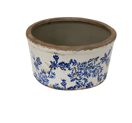 Blue Floral Wide Pot Small with vintage blue floral pattern and rustic rim, shown on a white background