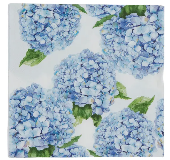 Blue hydrangea lunch napkin with floral pattern, blue and white paper napkin for coastal table setting