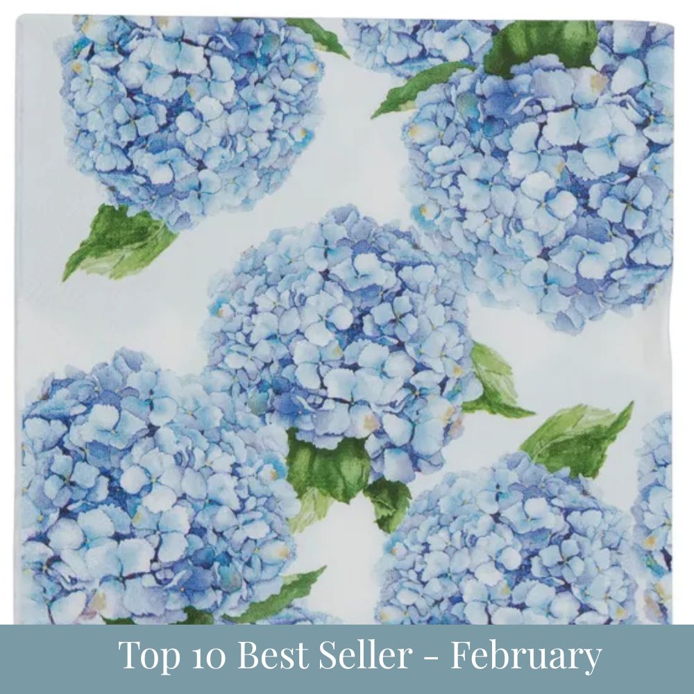 Blue hydrangea lunch napkin with floral pattern, blue and white paper napkin for coastal table setting with top 10 best seller - february overlay
