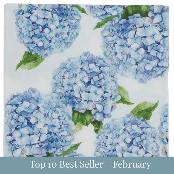 Blue hydrangea lunch napkin with floral pattern, blue and white paper napkin for coastal table setting with top 10 best seller - february overlay