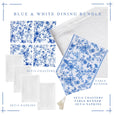 Flatlay of Blue & White Dining Bundle including floral coasters, white linen napkins, and matching blue-and-white table runner.