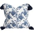 Bluebell Bloom blue and white floral cushion with tassel corners on white background