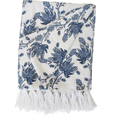 Bluebell Bloom blue and white floral throw folded with fringe detail on a white background