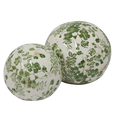 Small green botanical stoneware decorative ball with hand-stamped leaf pattern for coastal and Hamptons home décor