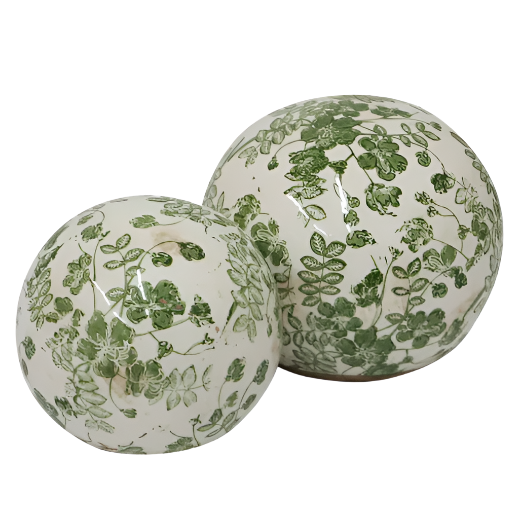 Small green botanical stoneware decorative ball with hand-stamped leaf pattern for coastal and Hamptons home décor