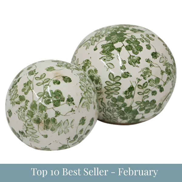 Small green botanical stoneware decorative ball with hand-stamped leaf pattern for coastal and Hamptons home décor with top 10 best seller - february overlay text