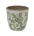 Small stoneware botanical herb pot with green hand stamped leaf pattern and natural rim, styled on a white background