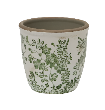 Small stoneware botanical herb pot with green hand stamped leaf pattern and natural rim, styled on a white background