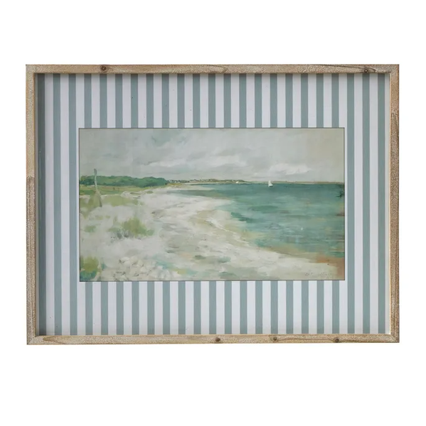 Coastal shoreline artwork framed behind glass with blue and white striped mount and natural timber frame