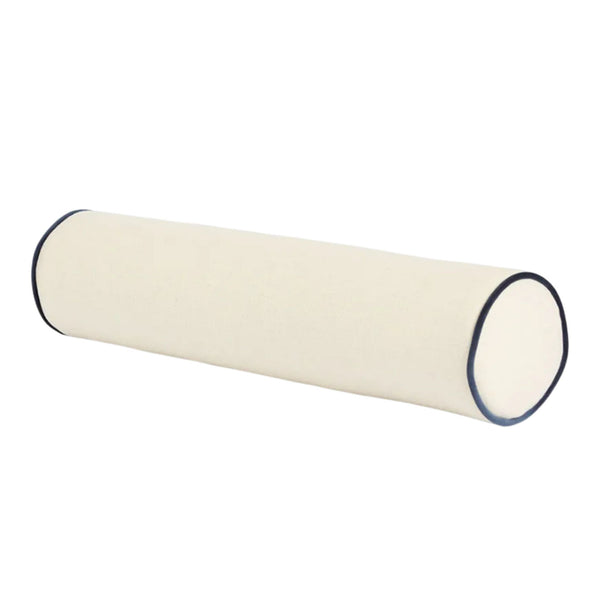 Brighton bolster cushion in ivory with blue piping, cylindrical decorative bed cushion