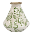 Small ceramic bud vase with green butterfly and foliage design on an off-white base, 12x12x12cm.