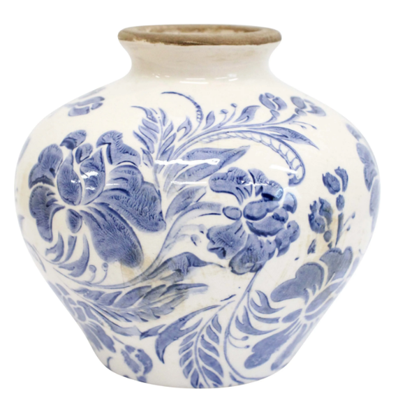 Small ceramic bud vase with vintage blue floral pattern on a white base, 13x13x12cm.