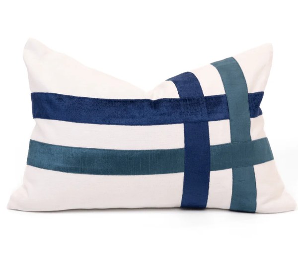 Burleigh navy handwoven linen lumbar cushion with velvet stripe detailing on white base