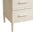 A chest of drawers with three full-width drawers. The frame and drawer faces are a distressed white wash colour, and the frame corners and drawer separators have subtle raised detailing that resembles bamboo poles. The drawers have long, recessed pull handles. Bottom corner detail.