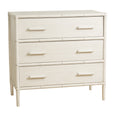 A chest of drawers with three full-width drawers. The frame and drawer faces are a distressed white wash colour, and the frame corners and drawer separators have subtle raised detailing that resembles bamboo poles. The drawers have long, recessed pull handles.